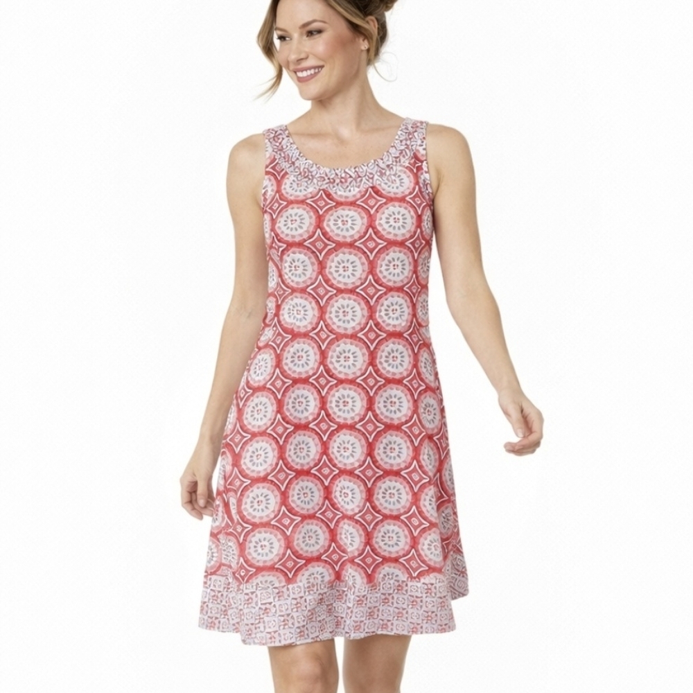 Talbots Pink & Blue Medallion Print Sleeveless A-Line Dress 4